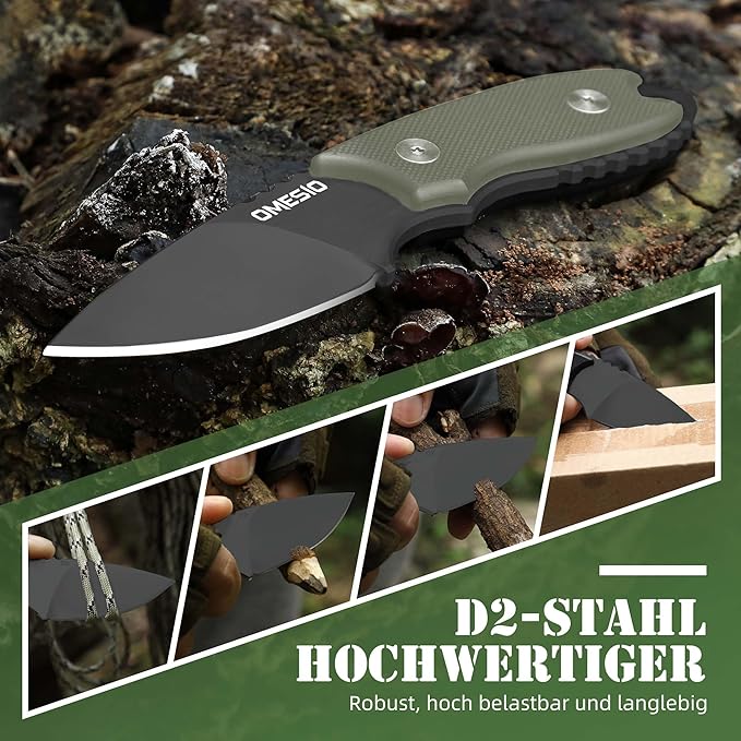 Omesio Neck Knife with Sheath and Necklace, 5.43" Small Fixed Blade Knife, Full Tang with Clip, D2