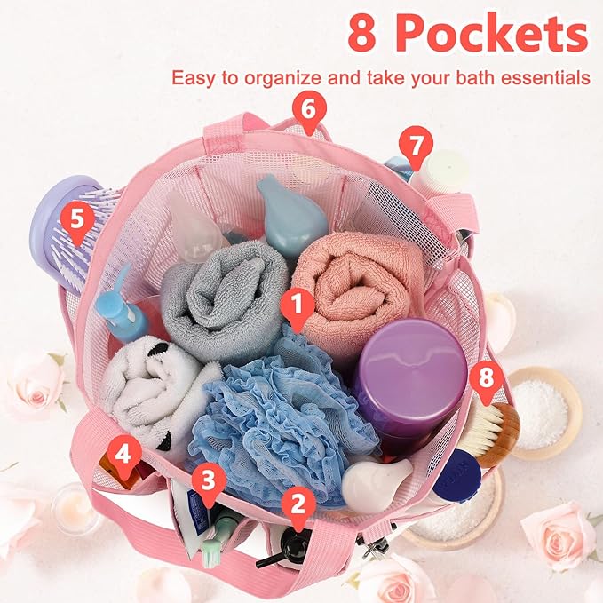 Mesh Shower Caddy Portable for College Dorm Room Essentials, 8-Pocket Large Shower Basket Tote Bag