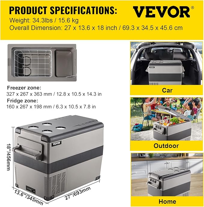 VEVOR 12 Volt Refrigerator, 48 Quart (45L) Fast Cooling Portable Freezer with App Control