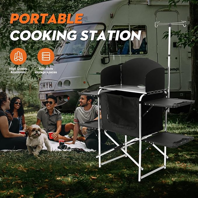 Camping Kitchen Table, Outdoor Cooking Table with 4 Panels & Storage Bag, Aluminum Folding Cooking