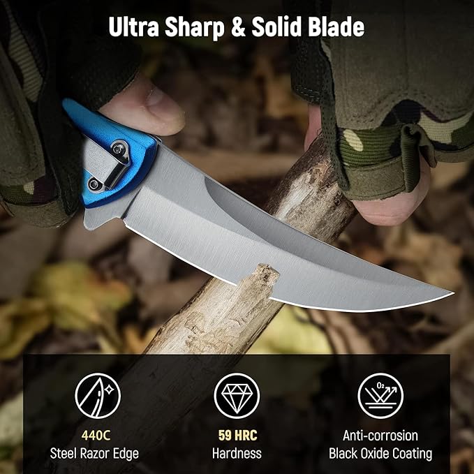 Tactical Folding Knife with upswept 440C High Carbon Stainless Steel Blade, Blue Aluminum Handle