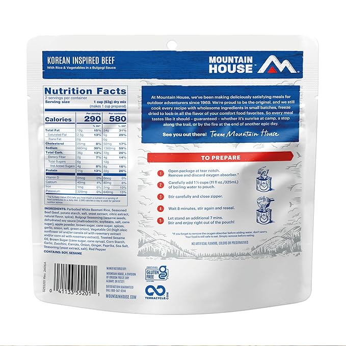 Mountain House GlutenFree Korean Inspired Beef FreezeDried Food for Camping, 12 Servings, 30Year