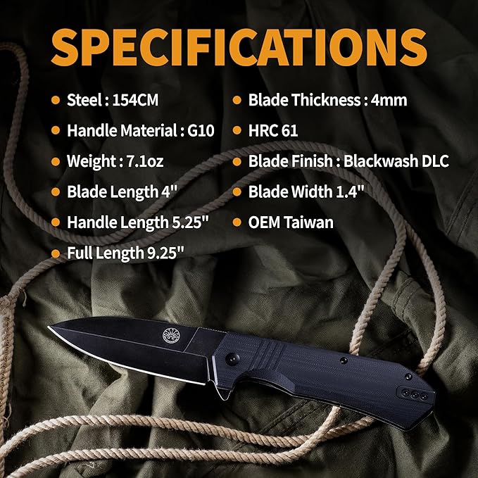 Off-Grid Knives - Stinger XL Folding Knife w. Spear Point Blade, Crucible 154CM Steel, G10 Scales
