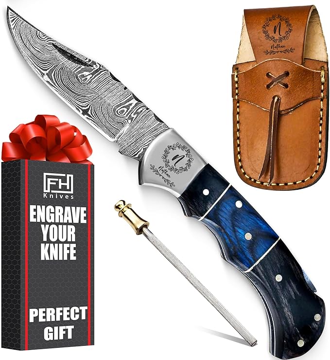 6.5' Personalized Engraved Damascus pocket knife for men Small folding knife for outdoor, camping
