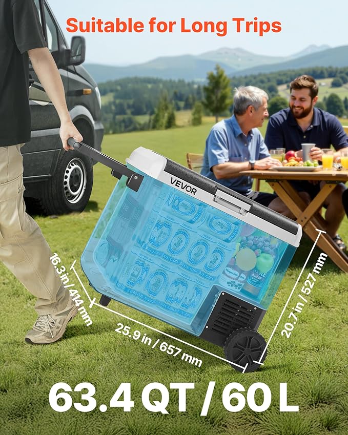 VEVOR 63.4QT/60L Car Fridge, Portable Electric Cooler with Wheels and Handle, -4℉~68℉, 12/24V DC