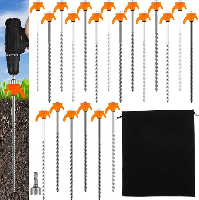JaGely 20 Pcs 12 Inch Tent Stakes Screw in Camping Stake Heavy Duty Metal Spikes Ground Anchor Peg