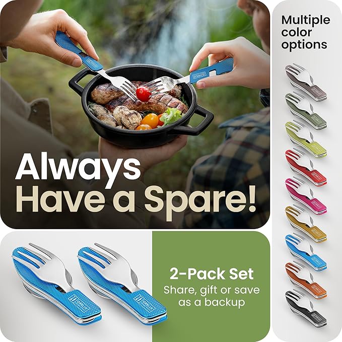 Orblue 4-in-1 Camping Eating Utensils, 2-Pack - Portable Spoon, Fork, Knife & Bottle Opener Combo