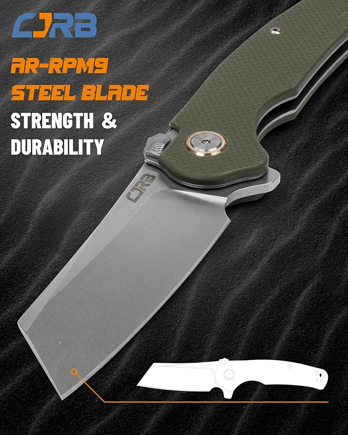 CJRB Crag Tactical Knife, Cleaver Pocket Folding Knife with Stonewash AR-RPM9 Steel Blade and G10