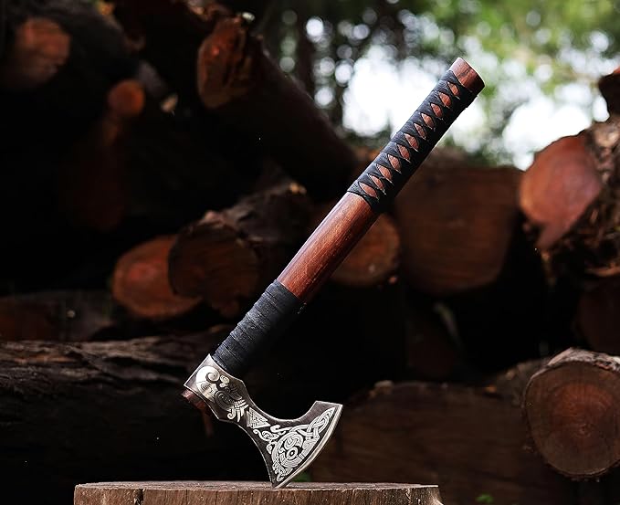 Viking Axe | 18" Carbon Steel Throwing Hatchet with Ash Wood Handle & Leather Sheath | Etched Norse
