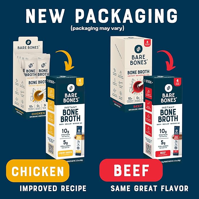 Bare Bones Bone Broth Instant Powdered Beverage Mix, Chicken & Beef, Variety Pack of 8, 4 Chicken &