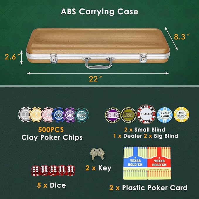 ORIENGEAR Poker Chip Set with Denominations 500 PCS with 14 Gram Numbered Clay Chips, Texas