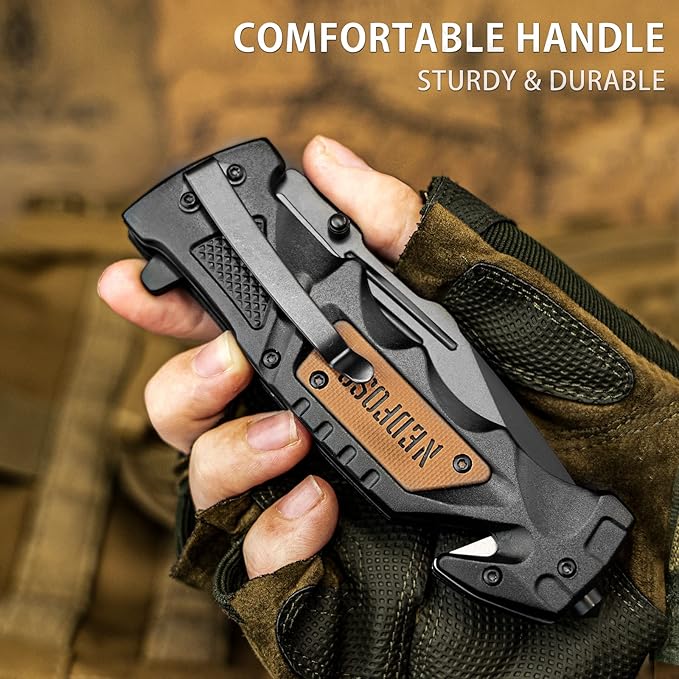 NedFoss Pocket Folding Knife DA75, 3 in 1 Pocket Knife for Men, Survival Knife with Liner-Lock Belt