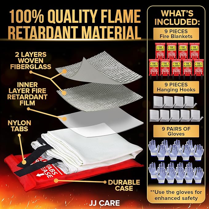 JJ CARE Fire Blanket ??9 Packs with Hooks and Gloves ??40??x 40??Fire Blankets Emergency for Home