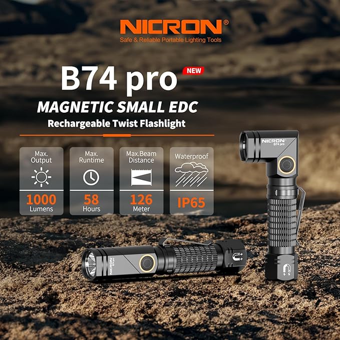 NICRON Rechargeable Flashlights Right Angle 90 Degree B74pro,1000 High Lumens Magnetic for
