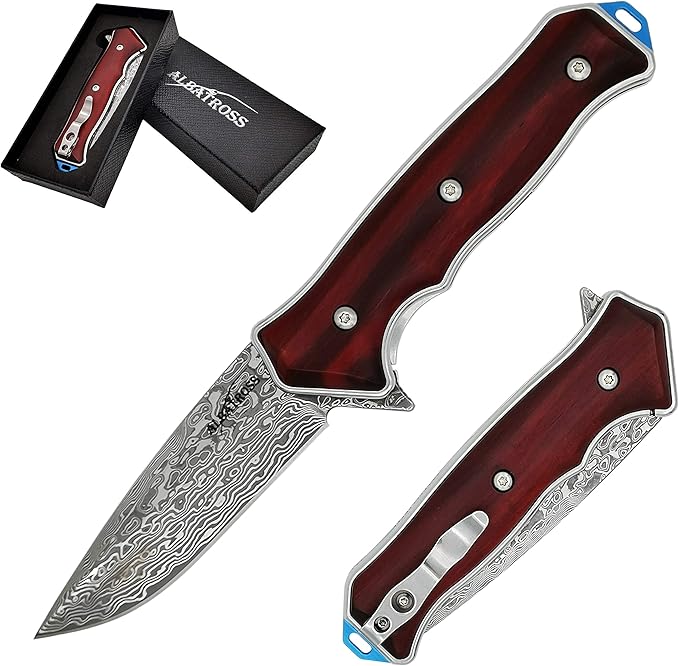 ALBATROSS Premium Damascus Folding Knife - EDC Pocket Knife with Cocobolo Wood Handle, 3.5" Blade