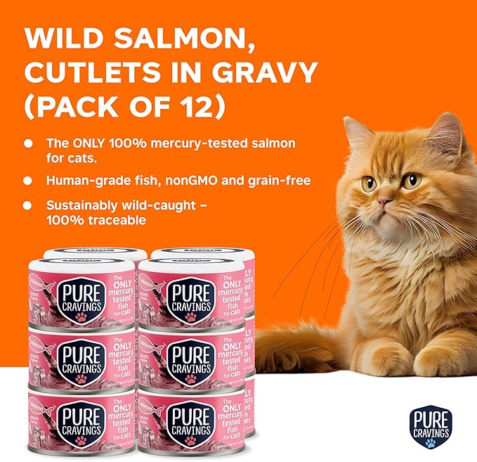 Pure Cravings Wet Cat Food Canned Salmon Cutlets in Gravy, 100% Mercury-Tested, Moist Can Fish for