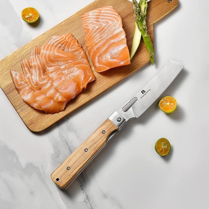 Folding Chef Knife 4.8” Ultra Sharp 440A Stainless Steel Blade Natural Olive Handle Pocket Foldable