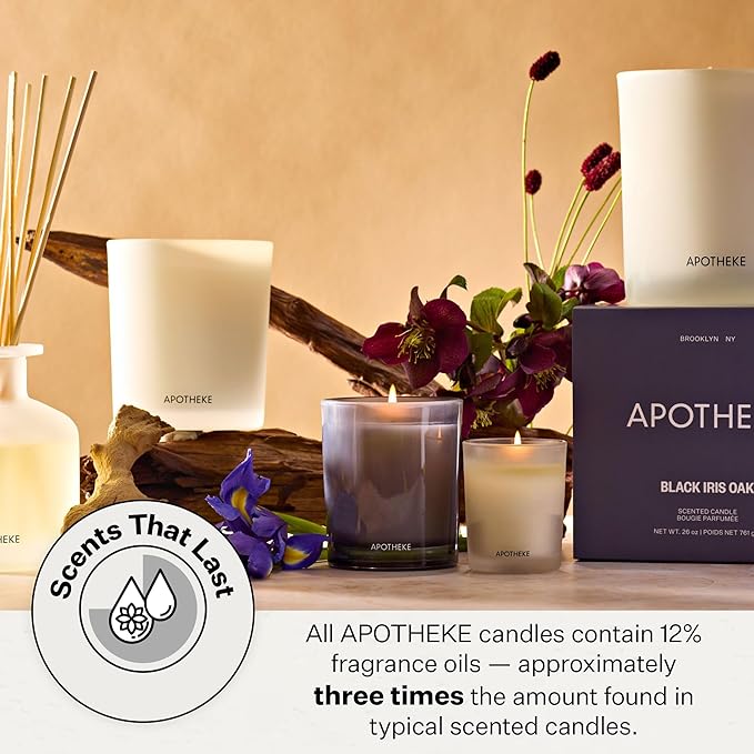 Apotheke 3-Wick Scented Candles for Home, Black Iris Oak - 26 oz Soy Wax Aromatherapy Jar Candle