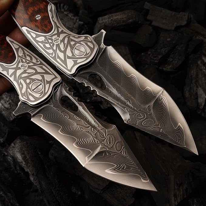 handmade damascus steel pocket folding knife, Snakewood handle with pocket clip and leather case