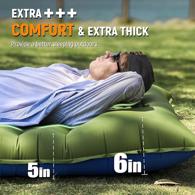 Camping Sleeping Pad, Thick 5 Inch Camping Mat with Pillow Built-in Foot Pump Ultralight Inflatable