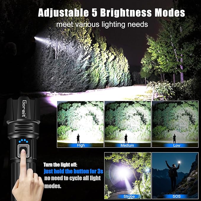 Goreit Flashlight High Lumens Rechargeable, 2000 Lumen Led Flashlights XHP70.2 USB Super Bright