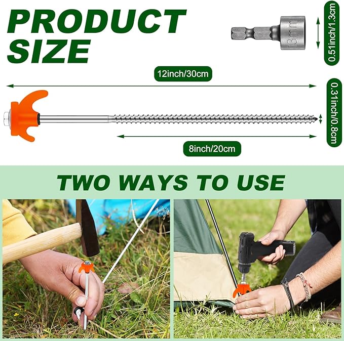 JaGely 20 Pcs 12 Inch Tent Stakes Screw in Camping Stake Heavy Duty Metal Spikes Ground Anchor Peg