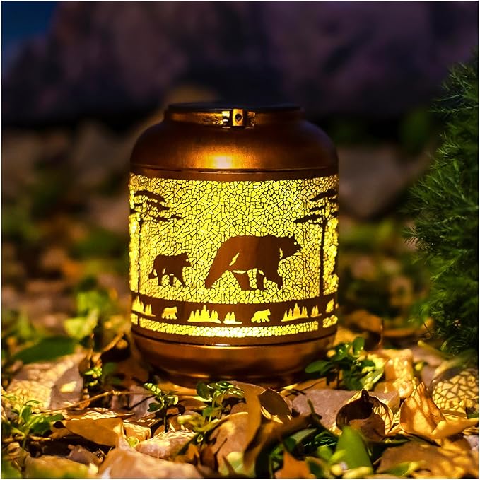Bear Solar Lanterns Outdoor Waterproof,Hanging Solar Lights Bear Gifts for Women Men Metal LED
