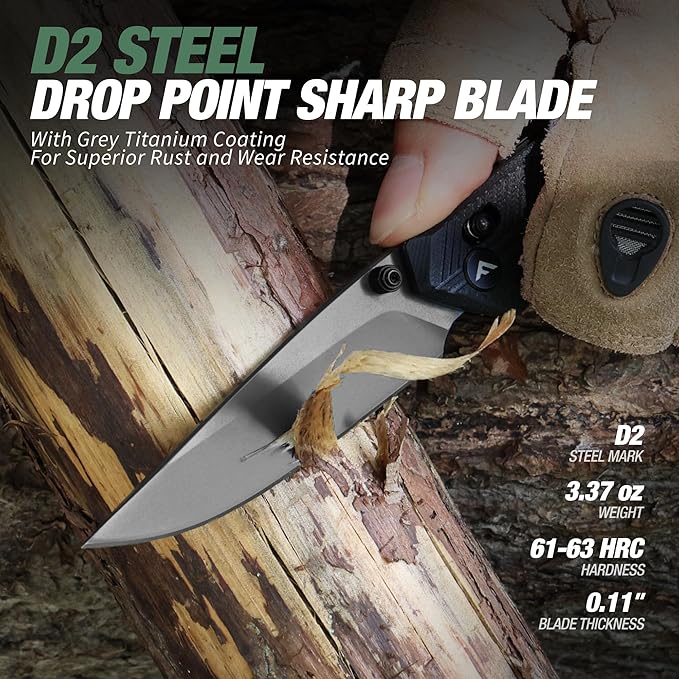 FLISSA Pocket Knife, Folding Knife with D2 Steel Blade, Shaft Lock, G10 Handle, Ball Bearing and