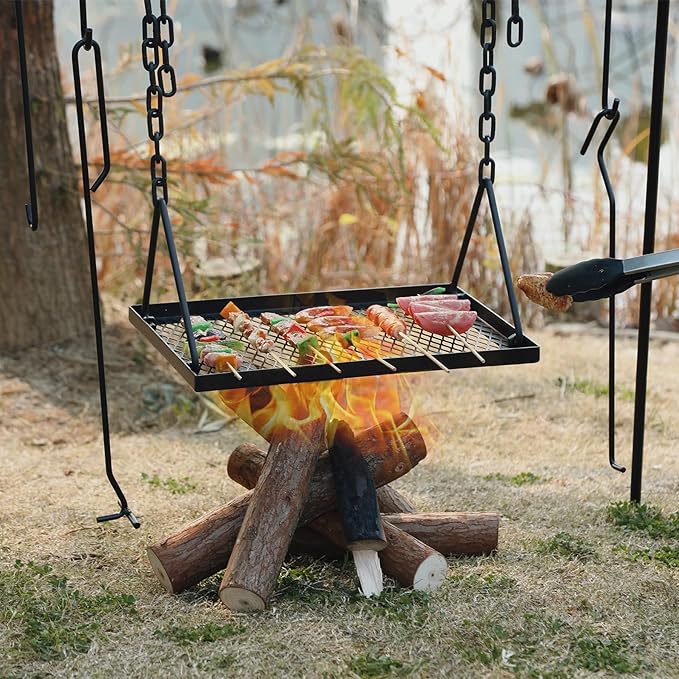 REDCAMP Swing Campfire Grill Stand - Collapsible Campfire Cooking Rack with 6 Hooks & Iron Grill