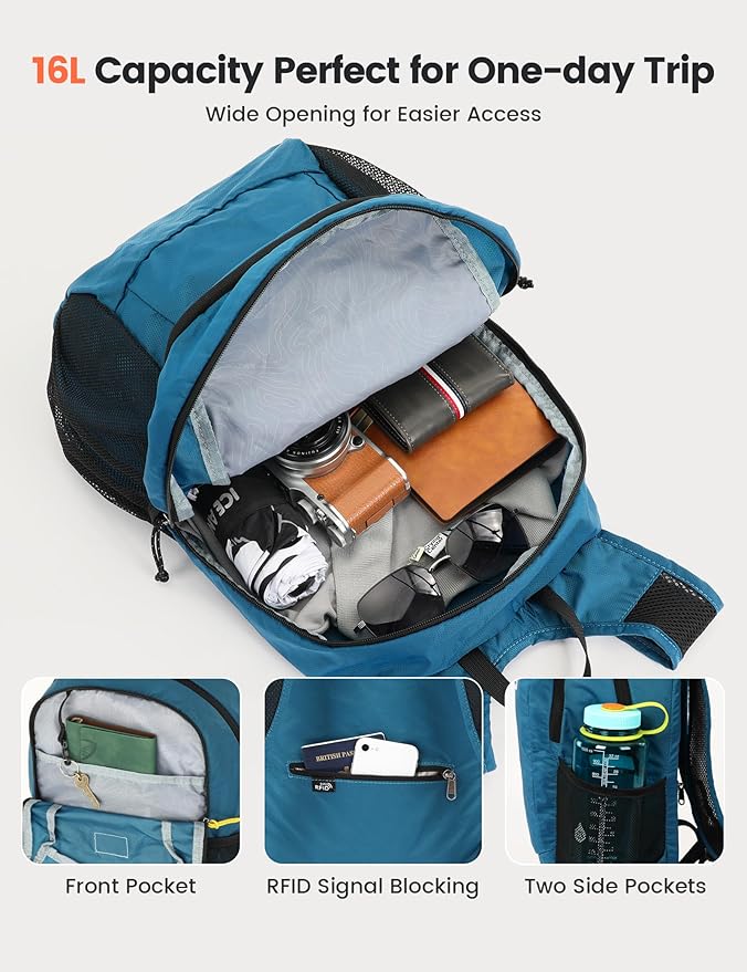 SKYSPER 16L Hiking Backpack Lightweight Small for Women Men, Foldable Packable Daypack - Travel