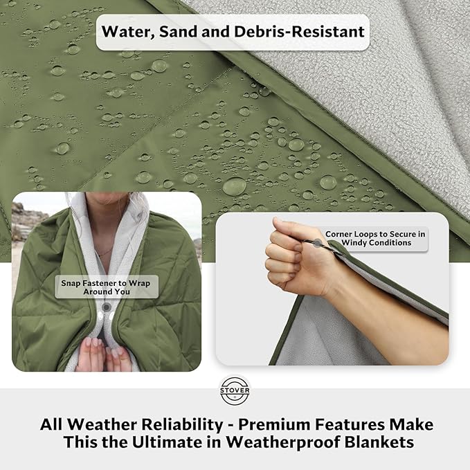 STOVER Outdoor Waterproof Fleece Travel Blanket for Camping, Picnics, Stadiums, Sports, The Beach