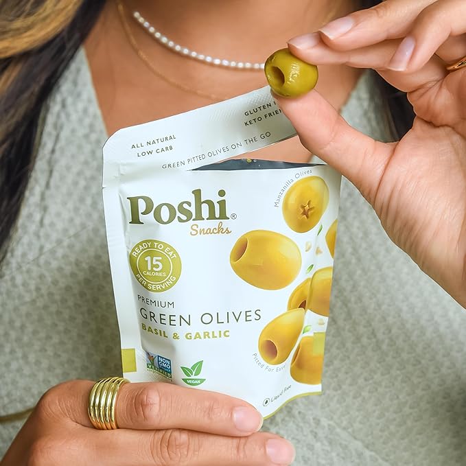 POSHI Green Pitted Olives - Basil & Garlic | Vegan, Kosher, Gluten Free + Keto Friendly, Fresh, Low