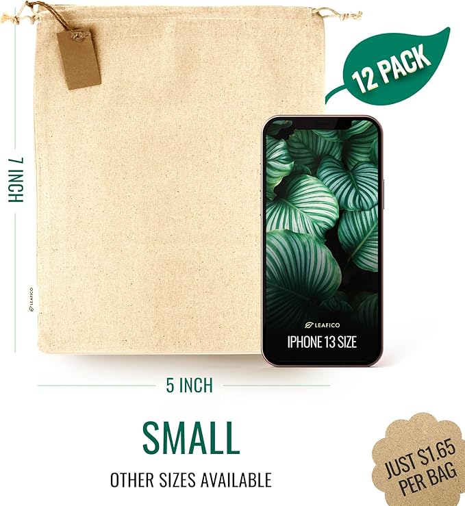LEAFICO Organic Cotton Reusable Produce Bags - Small 5x7 (12 Pack) - Biodegradable Eco-Friendly