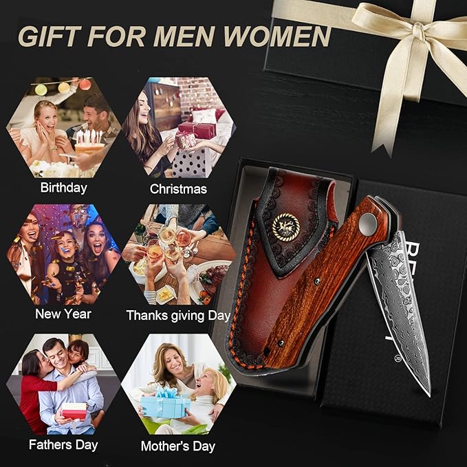 Benkey Damascus Folding Knife with Clip Leather Sheath Camping Knife EDC, Sharp Damascus Pocket
