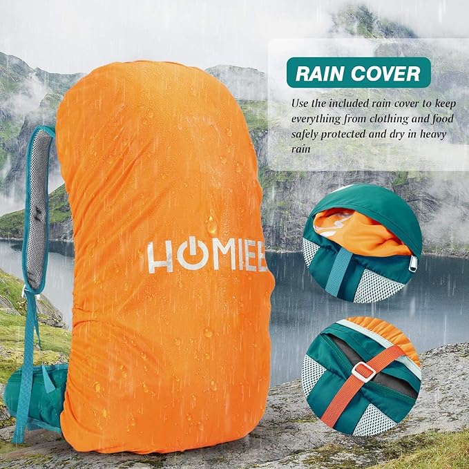 HOMIEE 50L Hiking Backpack Travel Bag Waterproof Camping Rucksack with Rain Cover Lightweight