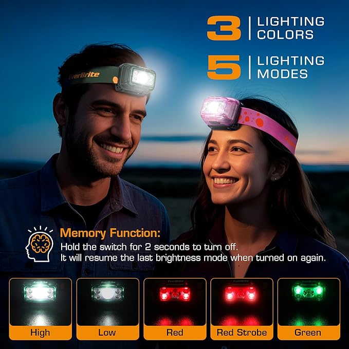 EverBrite Rechargeable Headlamp, 2 Pack Kids Headlamp with White/Red/Green Light and Memory