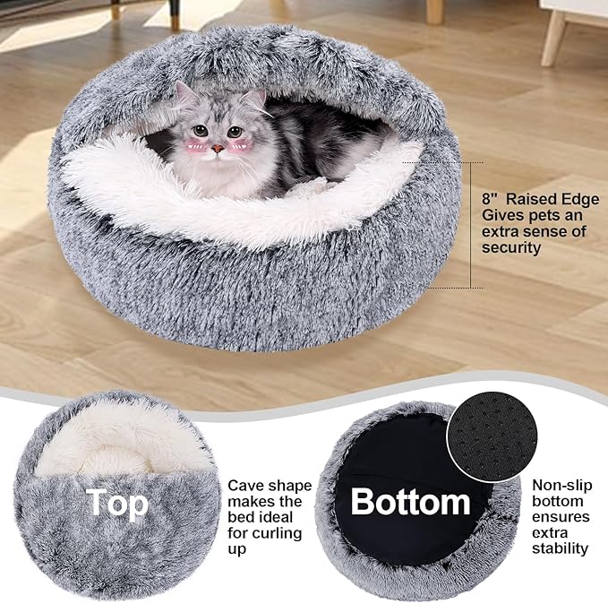 Calming Dog Beds & Cat Cave Bed with Hooded Cover,Removable Washable Round Beds for Small Medium