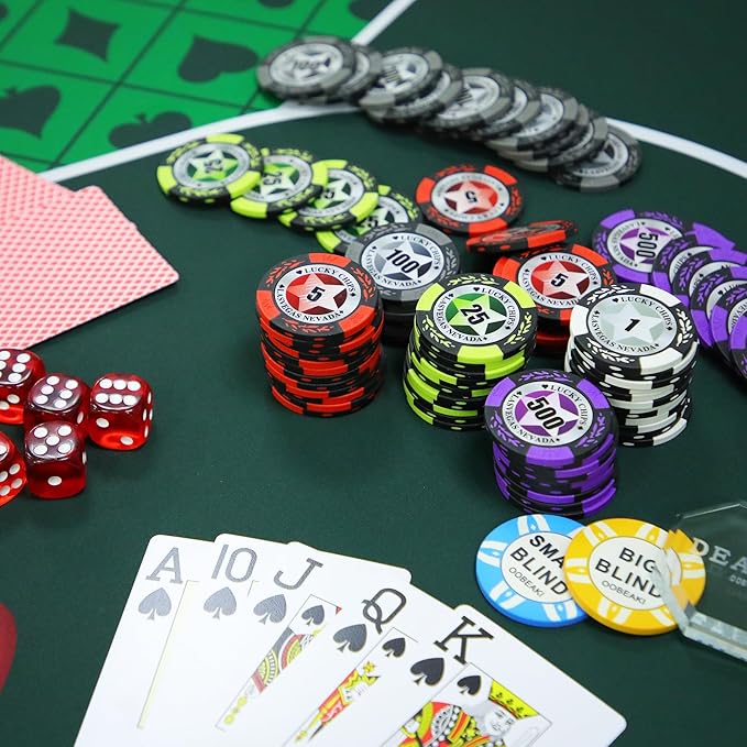 ORIENGEAR Poker Chip Set with Denominations, 300 PCS 14 Gram Clay Composite Casino Chips with ABS