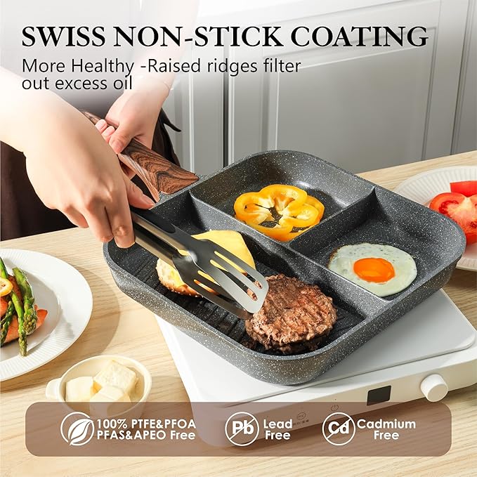 Sensarte Nonstick 11-Inch Square Grill Pan, 3-Section Versatile Breakfast Skillet, Die-cast