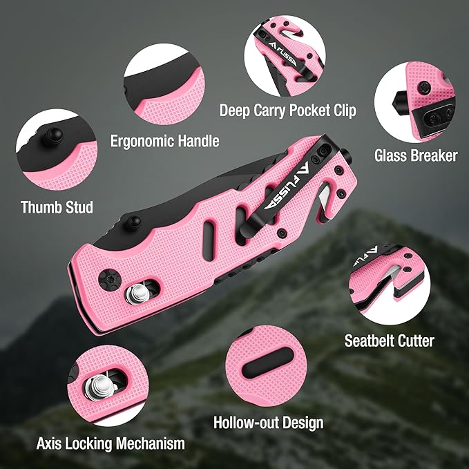 FLISSA Folding Pocket Knife with Clip, Glass Breaker and Seatbelt Cutter, Survival Knife for