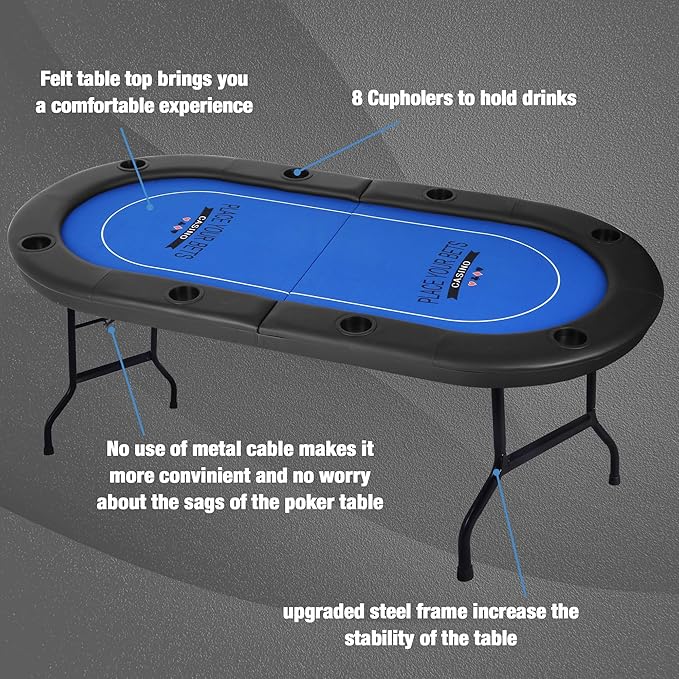 Upgraded 8 Player Poker Table with Plastic Cup Holder, Foldable Texas Hold'em Table, Portable