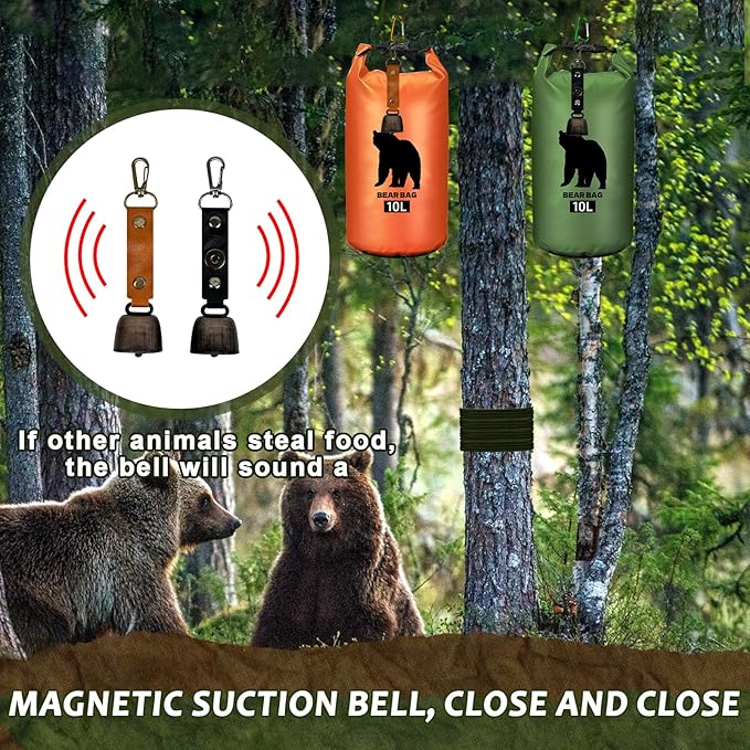 2 Pcs 10L Waterproof Bear Bags with 4 Nylon Ropes, 4 Clips & 2 Rock Pockets & 2 Small Warning Bells
