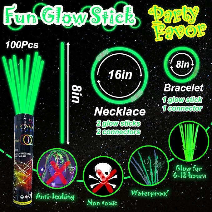 ILHSTY 100 pk 8'' Green Glow Sticks Glow Necklaces In The Dark Party Favors Supplies Bright