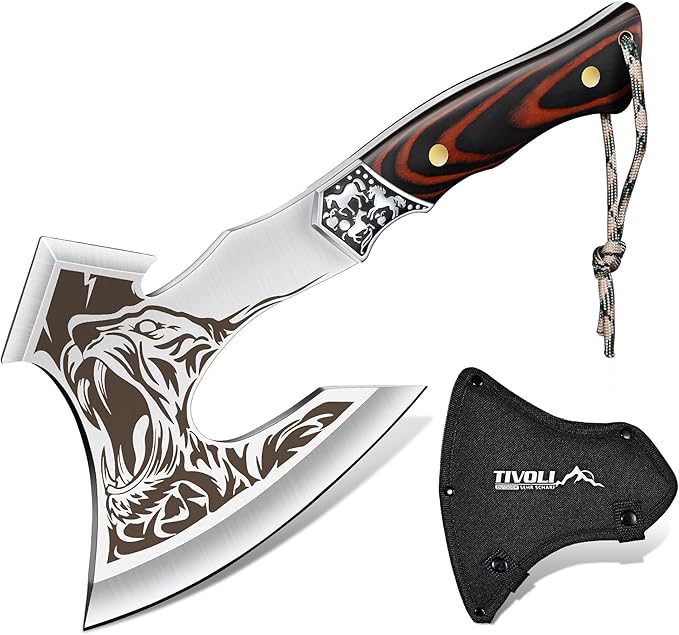 TIVOLI Camping Axe, Tiger - Patterned Survival Hatchet with Nylon Sheath, High Carbon Steel Blade