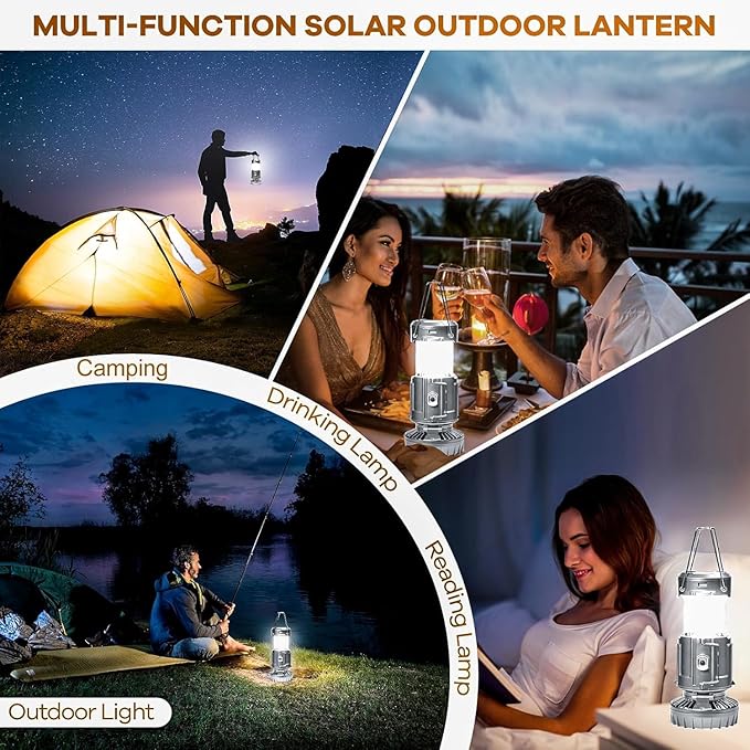 Solar Camping Lantern with Fan, Collapsible USB Rechargeable & Battery Powered Emergency Hanging