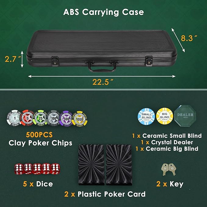 ORIENGEAR Poker Chip Set with Denominations, 500 PCS 14 Gram Clay Composite Casino Chips with ABS