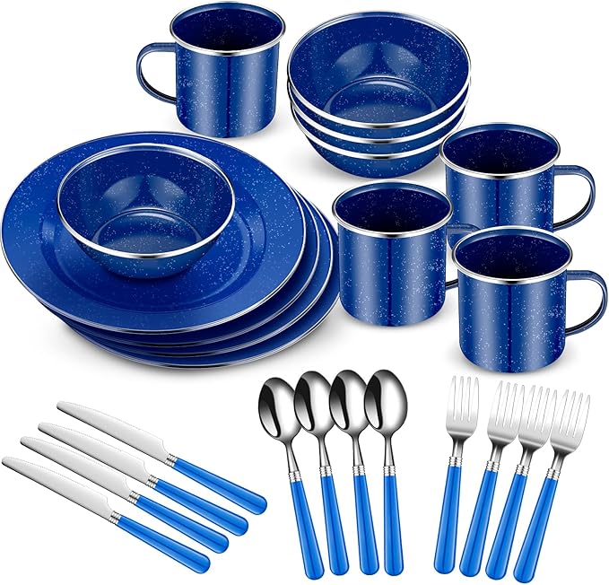 Nuogo 24 Pcs Enamel Camping Tableware Includes 12 oz Coffee Mugs 10.5 Inch Camping Plates 6 Inch