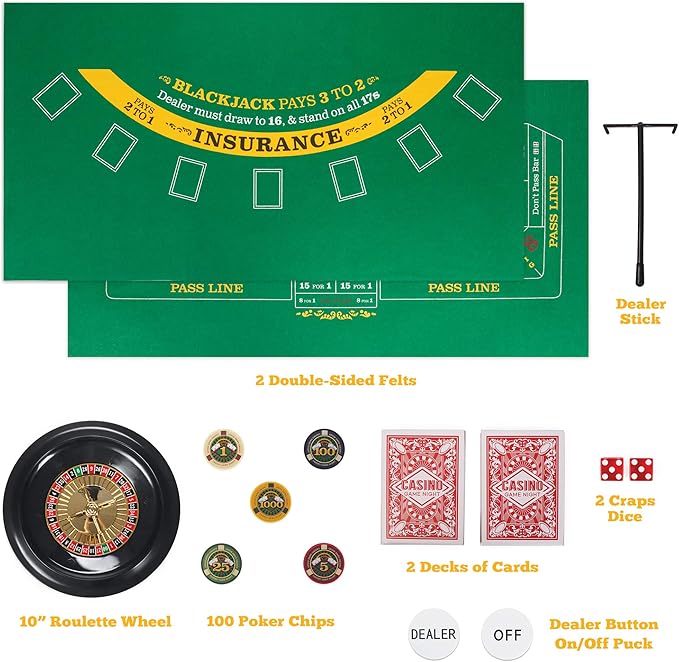 Brybelly Casino Night 4-in-1 Complete Game Set with Felts, Wheel, 100 Chips, Dice & Cards for