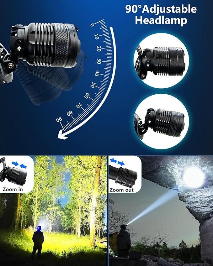 Headlamp Rechargeable -100,000LM Bright LED HeadLamp, 40H Runtime, Waterproof Headlights for