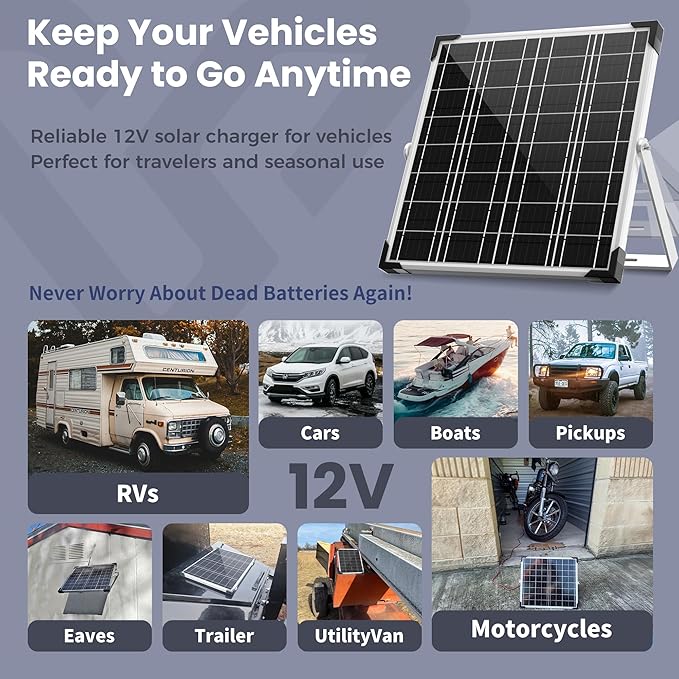 Solar Panel Kit 20W 12V, Solar Battery Trickle Charger Maintainer, Waterproof Solar Panel + Upgrade